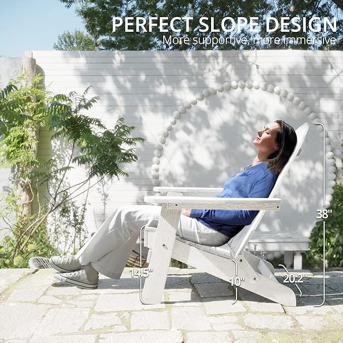 LUE BONA HDPS Folding Adirondack Chair Set of 4, 350lbs Capacity Heavy Duty Outdoor Chair for Patio Balcony Deck, One-Step Space-Saving Folding, Weatherproof Realistic Wood Grain Fire Pit Chair, White