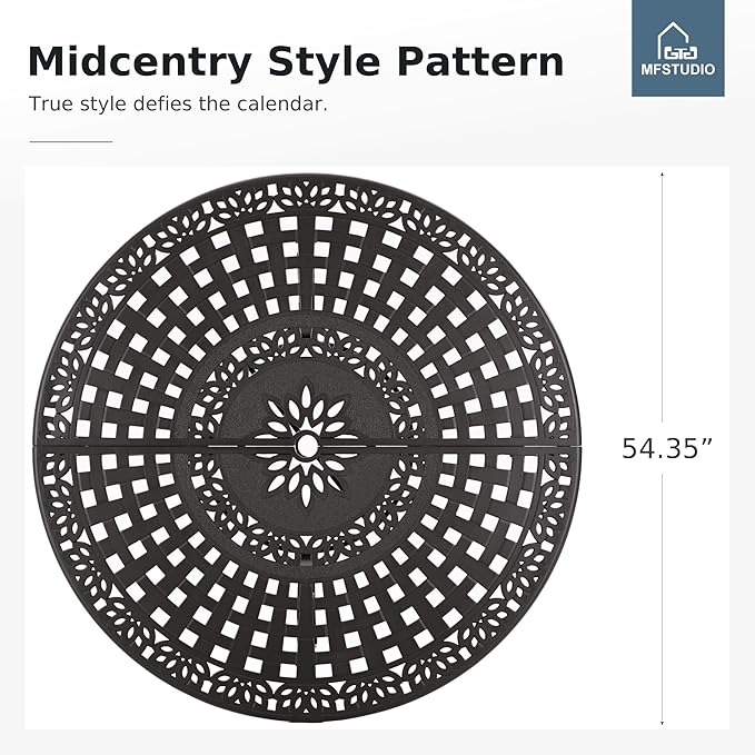 MFSTUDIO Cast Aluminum Patio Dining Table, 54" Round Outdoor Table with 2.2’’ Umbrella Hole, Retro Pattern Metal Aluminum Outdoor Dining Table for 4-6