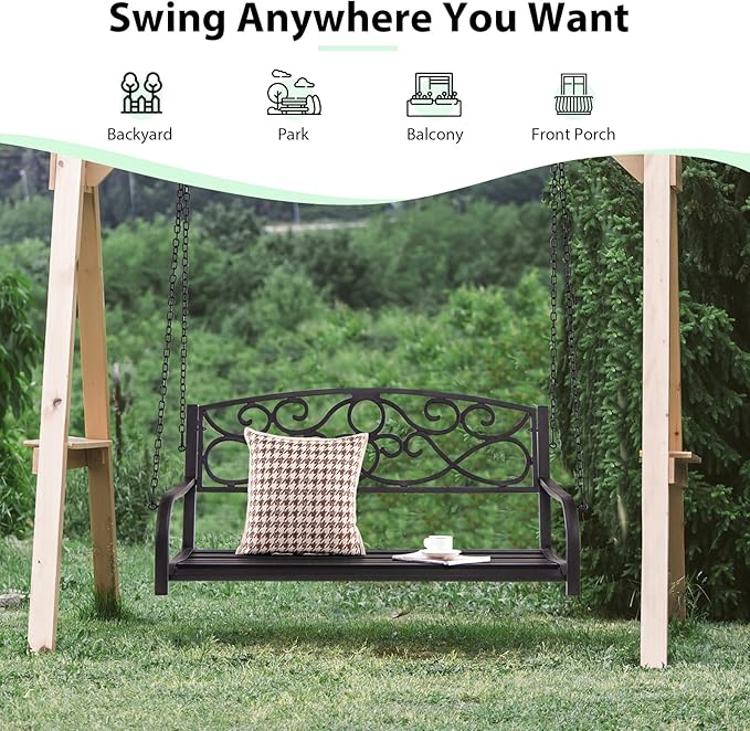 Giantex Metal Porch Swings 2 Person Outdoor Hanging Garden Bench with Sturdy Chains, Wide Seat & Curved Armrests - Photo 4