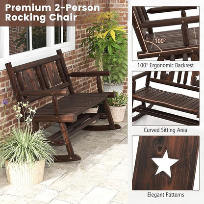 Tangkula Patio Rocking Bench, Carbonized Wood Double Rocker Chair with Ergonomic Seat, 2-Person Solid Wood Rocking Loveseat for Backyard, Porch, Garden, Rustic Farmhouse Style (2, Rustic Brown)
