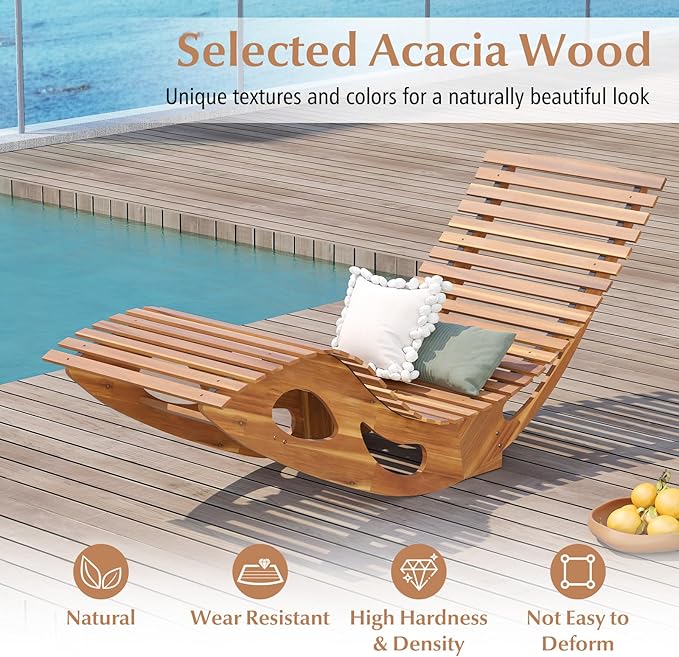 Giantex Acacia Wood Outdoor Rocking Chair, Set of 2 Patio Lounge Chair with Ergonomic Curved & Slatted Seat, High Back, Bottom Stopper, Outside Chaise Lounge, 63”x23.5”x26” Pool Lounger for Porch