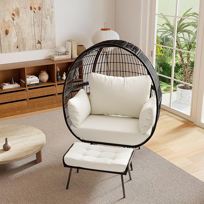Tangkula Oversized Wicker Egg Chair with Ottoman, Patio Lounge Basket with 5 Soft Cushions, Stable Metal Frame - Photo 4
