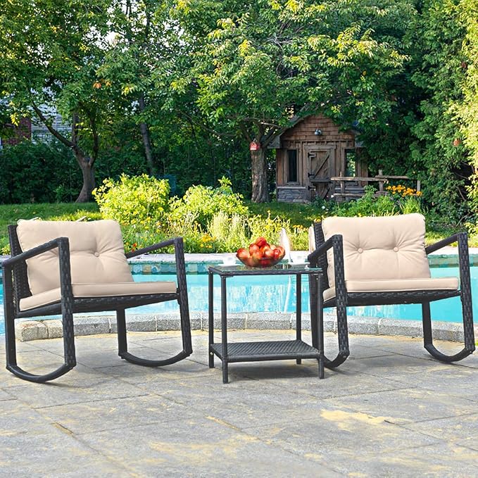 HAPPYGRILL 3-Piece Rocking Bistro Set Outdoor Patio Rocking Chairs with Coffee Table, Rattan Wicker Furniture Conversation Set for Garden Lawn Backyard Balcony
