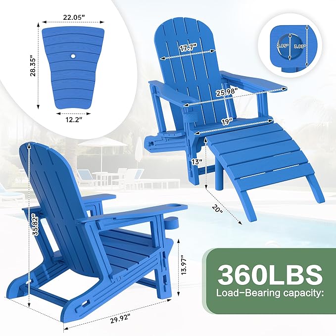 JY QAQA Outdoor Adirondack Chair Set of 2 with Detachable Table & Ottoman, All-Weather HDPE Patio Furniture with Wood Texture & Cup Holder for Patio, Poolside, Garden, Blue