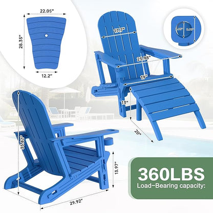JY QAQA Outdoor Adirondack Chair Set of 2 with Detachable Table & Ottoman, All-Weather HDPE Patio Furniture with Wood Texture & Cup Holder for Patio, Poolside, Garden, Blue