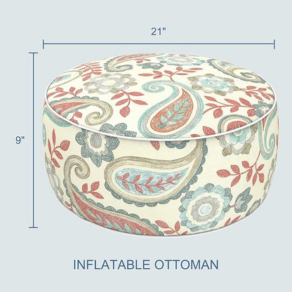 LVTXIII Indoor/Outdoor Inflatable Ottoman with Handle D21 x H9 Inch, Weather-Resistant Round Footstool Pouf for Patio Camping Living Room, Portable Footrest Extra Seating, Paisley Vintage