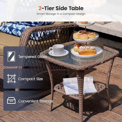 UDPATIO 3 Piece Patio Furniture Set, Wicker Rocking Bistro Set with 2 Rockers, 1 Side Table and 4‘’ Thick Cushions for Backyard, Porch, Balcony, Poolside, Brown/Khaki