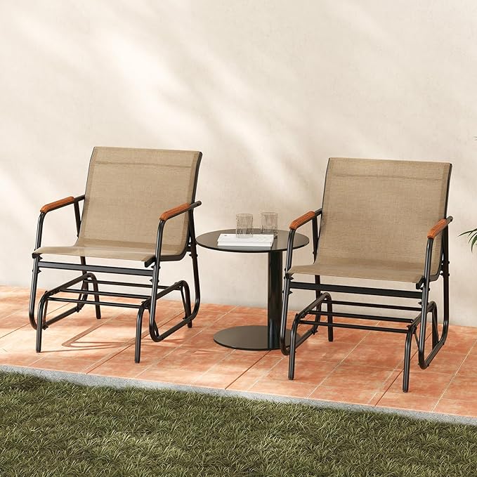 Giantex Outdoor Glider, Swing Rocking Chair with Breathable Fabric Seat, Curved Teak Wood Armrests and Metal Frame - Photo 8
