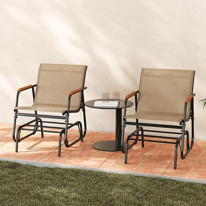 Giantex Outdoor Glider, Swing Rocking Chair with Breathable Fabric Seat, Curved Teak Wood Armrests and Metal Frame, Gliding Armchair, Patio Glider for Backyard, Garden, Porch, Balcony (2)