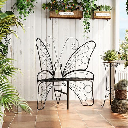 HavenlyYouth Butterfly Shaped Outdoor Bench, Black Garden Bench for Outdoor with Sturdy Stable Metal Frame, Butterfly Chair Butterfly Bench Outdoor for Garden, Yard, Balcony, Lawn (Black)
