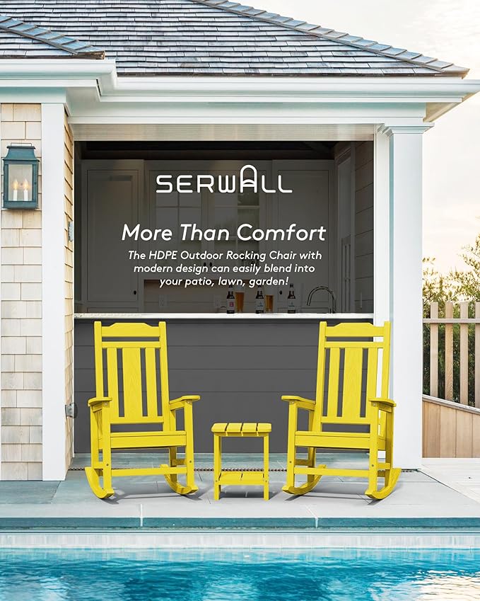SERWALL Outdoor Rocking Chair Set of 2, Patio Rocking Chairs Set, HDPE Rocking Chair Outdoor for Adults, Heavy Duty Front Porch Rocker, Yellow
