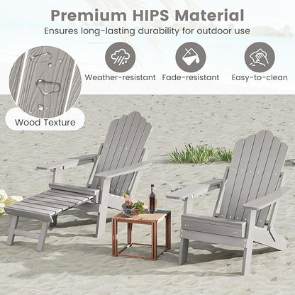 Giantex Folding Adirondack Chair, All-Weather Lounge Chair with Adjustable Backrest, Retractable Ottoman, Cup Holder, HIPS Fire Pit Chair for Lawn, Pool, Patio, Porch (1, Gray)