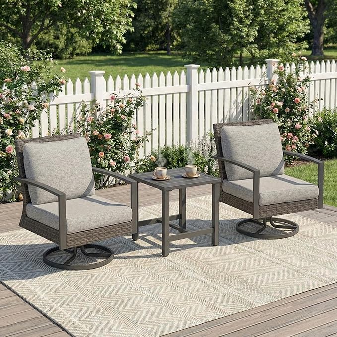 Green4ever 3-Pieces Patio Swivel Rocking Chairs Rocking with Sidetable, Metal Outdoor Rocking Chair, All Weather Rattan Patio Chairs for Porch, Bistro, Balcony, Grey
