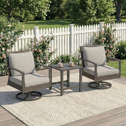 Green4ever 3-Pieces Patio Swivel Rocking Chairs Rocking with Sidetable, Metal Outdoor Rocking Chair, All Weather Rattan Patio Chairs for Porch, Bistro, Balcony, Grey