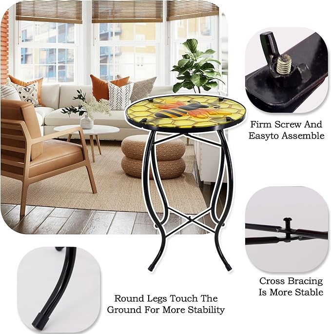 Bee Patio Side Table, Small Patio Outdoor Side Table, Plant Table,Metal Glass End Table for Porch Garden Yard Pool.