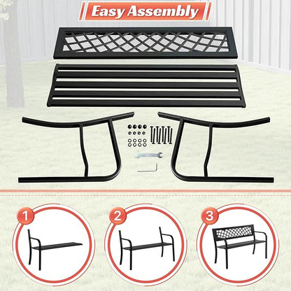 Garden Bench Patio Bench Outdoor Park Bench Metal Outside Porch Chair Seat Cast Iron Steel Frame Sturdy Bench Patio Furniture for Yard Porch Entryway Lawn Decor Deck, Black, 46 in