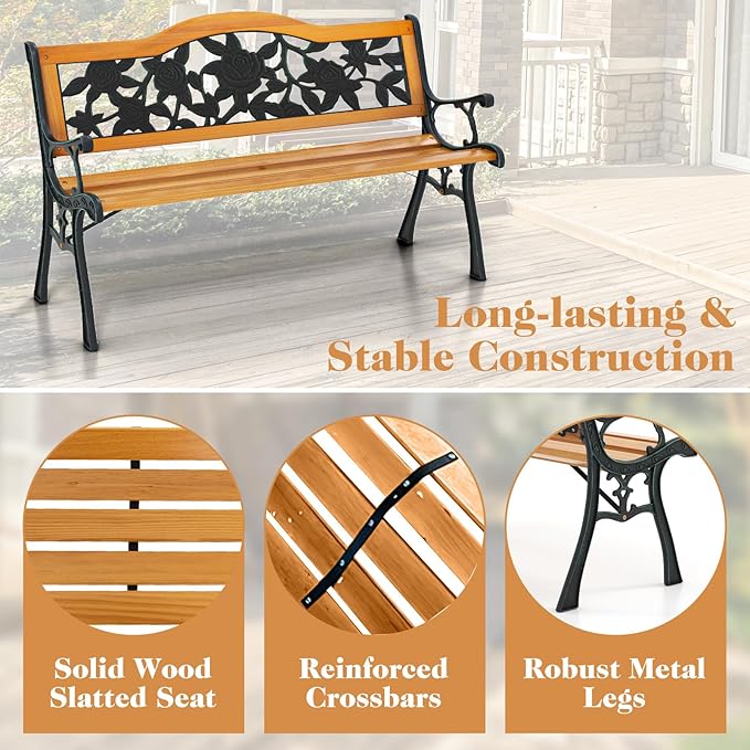 Giantex Outdoor Bench with Slatted Seat, Curved Armrests, Flower Pattern Backrest, 470 Lbs Capacity, Cast Iron Metal Patio Bench for Garden, Outside, Lawn, Porch, Yard, Park Bench