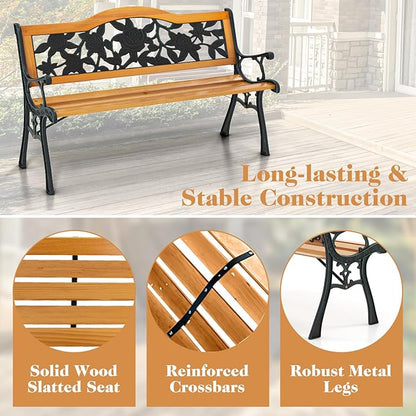 Giantex Outdoor Bench with Slatted Seat, Curved Armrests, Flower Pattern Backrest, 470 Lbs Capacity, Cast Iron Metal Patio Bench for Garden, Outside, Lawn, Porch, Yard, Park Bench