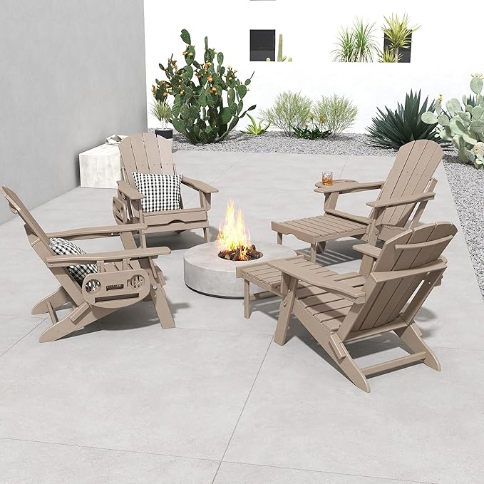 FOOWIN Folding Adjustable Adirondack Chair with Retractable Ottoman Set of 2, HDPE Adirondack Chair w/4 in 1 Cup Holder Trays,All-Weather Resistant Fire Pit Chair for Outdoor Patio Lawn, Brown