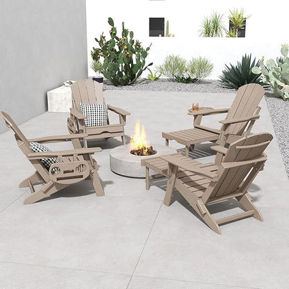 FOOWIN Folding Adjustable Adirondack Chair with Retractable Ottoman, HDPE Adirondack Chair w/4 in 1 Cup Holder Trays,All-Weather Resistant Fire Pit Chair for Outdoor Patio Lawn, Brown