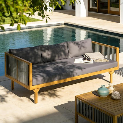 Merax Acacia Wood Outdoor Patio Loveseat Sofa w/Coushion and & Light Brown Rope, 3-Seater Sofa Daybed for Backyard, Lawn, Deck, Balcony, Water Repellent Fabric, 600 lbs Capacity,Teak + Gray