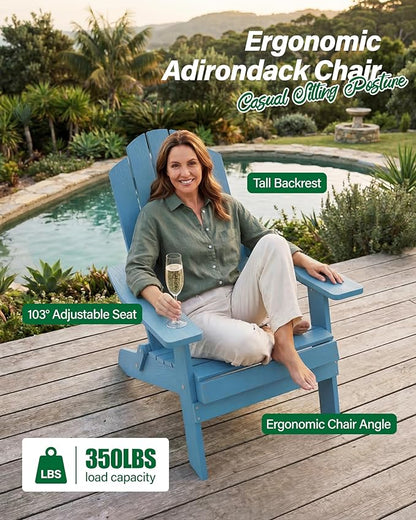 MXIMU Folding Adirondack Chair for Outdoor: Easy to Assemble and Comfortable Adirondack Chairs - All Weather Composite Plastic Chair for Outside Fire Pit Patio Lawn Garden Backyard Use(Blue)