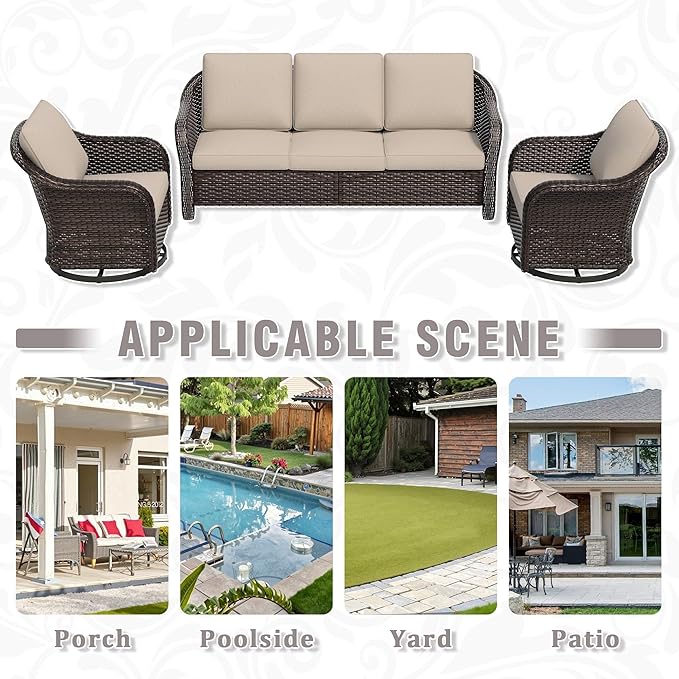 3 Piece Patio Wicker Conversation Set, All-Weather Use Outdoor Wicker Sofa with 2 PE Rattan 360 Swivel Chair - Photo 9