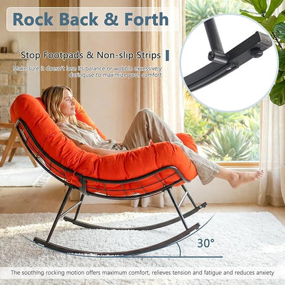 Cushioned Papasan Rocking Chair for Outdoor Indoor, Oversized Outdoor Rocking Chair with Cushion, Egg Rocker for Patio, Porch, Balcony, Lawn, Bedroom, Living Room, Red-Orange