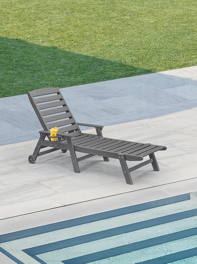 HDPE Outdoor Chaise Lounge Chair, 78.4'' Adjustable Outdoor Lounger with Wheels & Cup Holder, 5 Positions Poly Lounge Chair Furniture, HDPE Patio Lounge Chair for Poolside, Deck, Smoke Gray