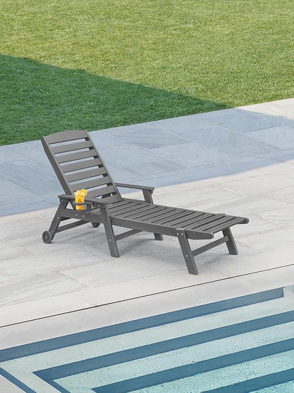 HDPE Outdoor Chaise Lounge Chair, 78.4'' Adjustable Outdoor Lounger with Wheels & Cup Holder, 5 Positions Poly Lounge Chair Furniture, HDPE Patio Lounge Chair for Poolside, Deck, Smoke Gray