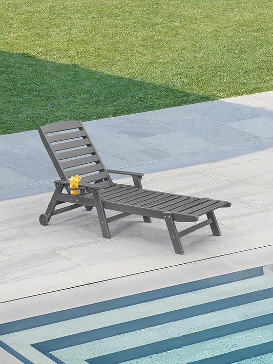 HDPE Outdoor Chaise Lounge Chair, 78.4'' Adjustable Outdoor Lounger with Wheels & Cup Holder, 5 Positions Poly Lounge Chair Furniture, HDPE Patio Lounge Chair for Poolside, Deck, Smoke Gray