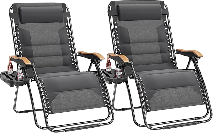 PHI VILLA XXL Oversized Padded Zero Gravity Chair Set of 2, Foldable Patio Recliner, 30" Wide Seat Anti Gravity Lounger with Armrest and Cup Holder, Support 400 LBS (Light Gray)
