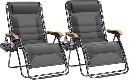 PHI VILLA XXL Oversized Padded Zero Gravity Chair Set of 2, Foldable Patio Recliner, 30" Wide Seat Anti Gravity Lounger with Armrest and Cup Holder, Support 400 LBS (Light Gray)