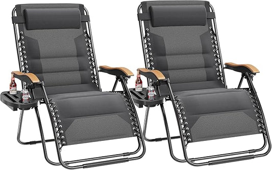 PHI VILLA XXL Oversized Padded Zero Gravity Chair Set of 2, Foldable Patio Recliner, 30" Wide Seat Anti Gravity Lounger with Armrest and Cup Holder, Support 400 LBS (Light Gray)