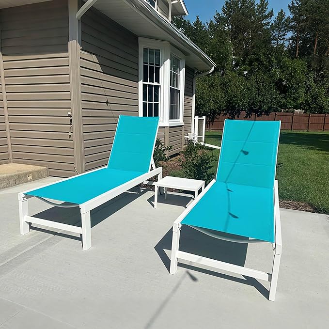 PURPLE LEAF Outdoor Chaise Lounge Set Elderly-Friendly Straight Legs Adjustable Sunbathing Recliner with Side Table for Back Support Poolside Beach Patio Lounge Chairs Blue