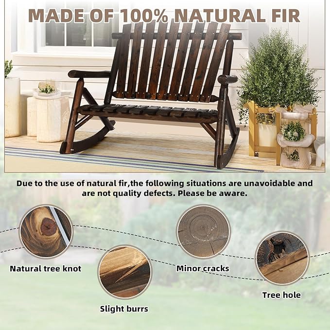 Outdoor Double Wooden Rocking Bench, Adirondack Porch Rocker Chair for 2 Persons, Patio Rustic Log Rocker Loveseat with High Slatted Seat & Backrest for Deck, Backyard, Garden, Carbonized