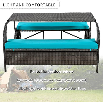 2-in-1 Convertible Picnic Upholstered Bench,57.1" Outdoor Loveseat,Portable Picnic Table Couch,Convertible to 4 Seats&1 Table,for Garden,Lawn,Backyard,Porch,Patio, Blue