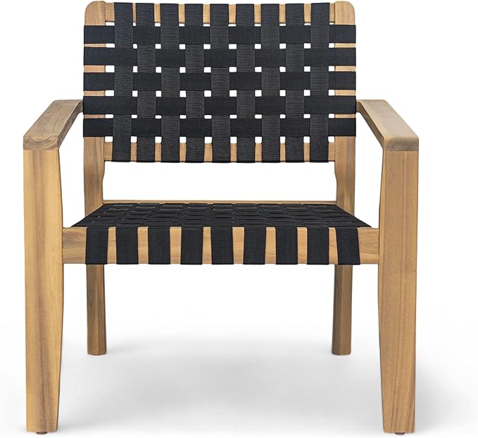 Christopher Knight Home Set of 2 Lena Patio Furniture Acacia Wood Armchair, Woven Rope Outdoor Club Chair, Deep Seating Porch Chairs for Garden, Backyard/Balcony, Light Teak Finish & Black