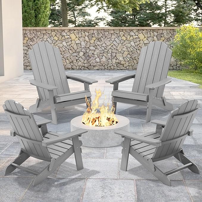 MXIMU Folding Adirondack Chair for Outdoor: Easy Assembly and Comfortable HIPS All-Weather Adirondack Chairs Set of 4 - Wooden Textured Patio Chair for Lawn Garden Deck Backyard Fire Pit