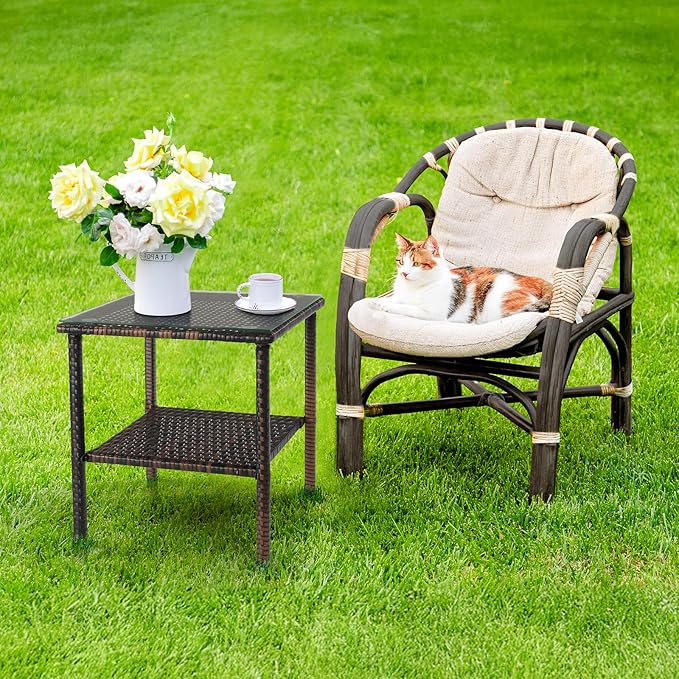 VINGLI Outdoor Wicker Side Table Patio Side Tables for Outside, Tempered Glass Top Wicker Table with Storage End Table for Patio Balcony Porch Deck (Brown)