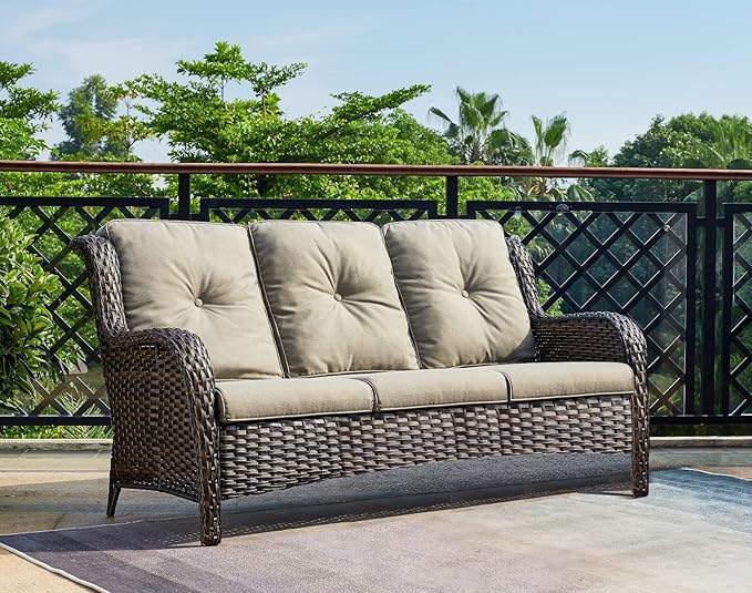 HUMMUH Outdoor Furniture 4 Pieces Patio Furniture Set Wicker Outdoor Sectional Sofa with 2 Patio Chairs,Coffee Table(Grey/Blue)