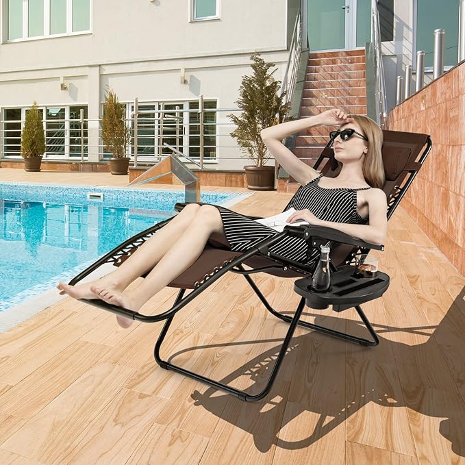 Giantex 2 PCS Zero Gravity Chair, Outdoor Chaise Lounge with Cup Holder, Patio Folding Chairs Recliner for Yard Pool Lawn Balcony