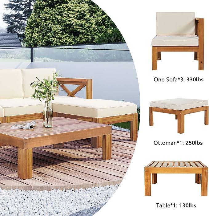 Outdoor Backyard Patio Wood 5-Piece Sectional Sofa Seating Group Set with Cushions, Natural Finish+ Beige Cushions - Photo 4