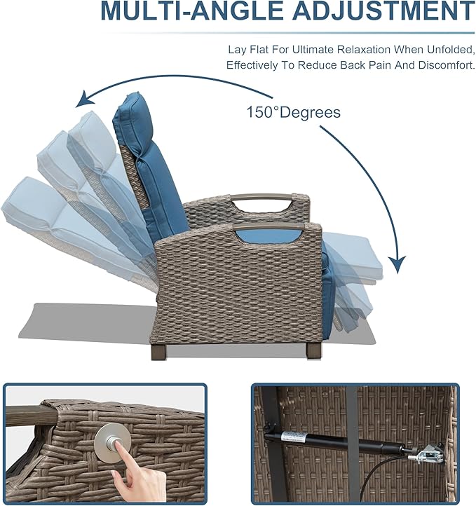 Domi Outdoor Recliner Chair, Patio Recliner with Hand-Woven Wicker, Flip Table Push Back, Adjustable Angle, Thickness Cushions, Reclining Lounge Chair for Indoor & Outdoor, Navy Blue