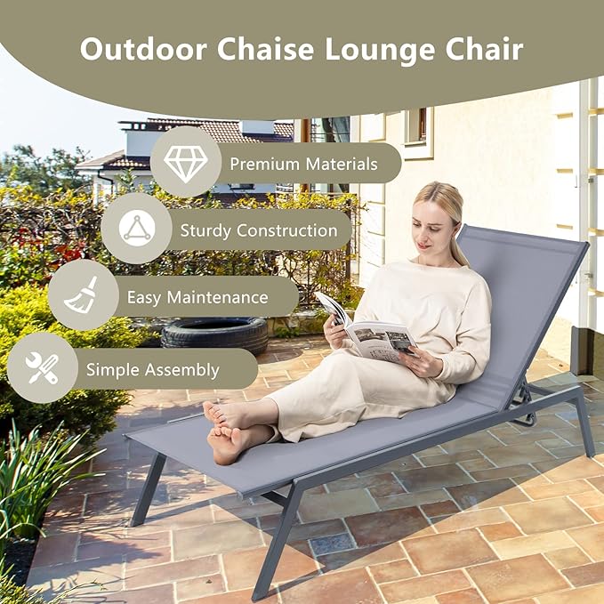 Giantex Patio Chaise Lounge Chair - Set of 2 Sunbathing Chair with Lay Flat Position, 6 Adjustable Positions, Outdoor Reclining Chair with Quick-Drying Fabric for Patio Poolside Backyard (2, Gray)