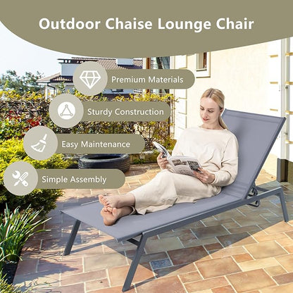 Giantex Patio Chaise Lounge Chair - Set of 2 Sunbathing Chair with Lay Flat Position, 6 Adjustable Positions, Outdoor Reclining Chair with Quick-Drying Fabric for Patio Poolside Backyard (2, Gray)