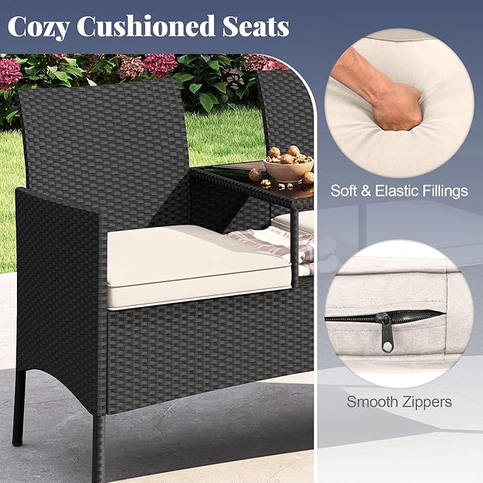 HAPPYGRILL Outdoor Rattan Loveseat, 2-Seat Patio Conversation Set with Built-in Coffee Table, Cushions, Wicker Bench Furniture for Backyard, Garden, Balcony, Porch (Beige)