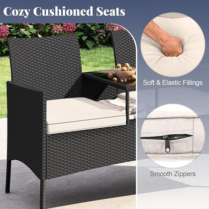 HAPPYGRILL Outdoor Rattan Loveseat, 2-Seat Patio Conversation Set with Built-in Coffee Table, Cushions, Wicker Bench Furniture for Backyard, Garden, Balcony, Porch (Beige)