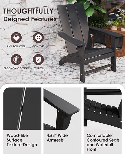 Poly Lumber Adirondack Chairs Set of 4, All-Weather Resistant Outdoor Patio Chairs, Look Like Wood, Pre-Assembled Outdoor Fire Pit Chair for Pool, Deck, Backyard, Garden, Black