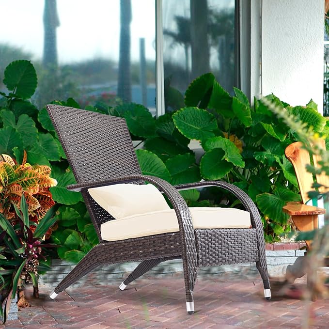 Adirondack Chairs Set 2 Outdoor Wicker Rattan Fire Pit Chairs Oversized Comfy Relax Accent Patio Chairs with Soft Cushion Low Deep Seating Tall Curved Backrest for Outside Backyard Deck Porch Cream